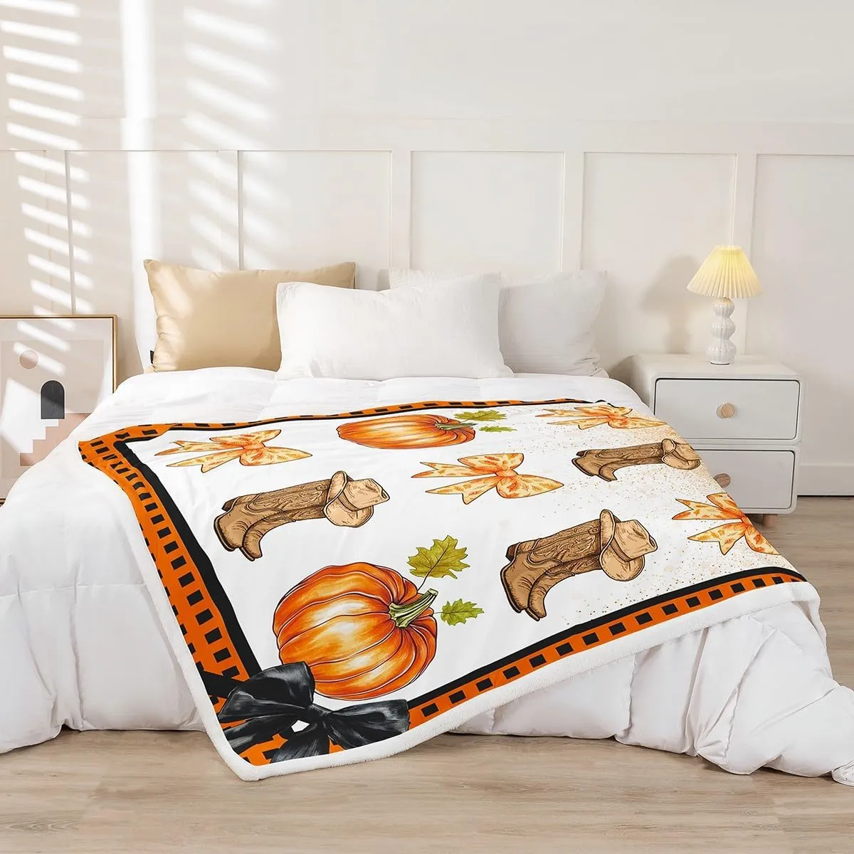 Erosebridal Western Cowgirl Throw Blanket Baby 30"X40",Cowboy Boots Hat Fleece Blanket Orange Plaid Bowknots Sherpa Blanket for Kids Boys Girls Bed Couch,Pumpkin Fall Harvest Fuzzy Blanket