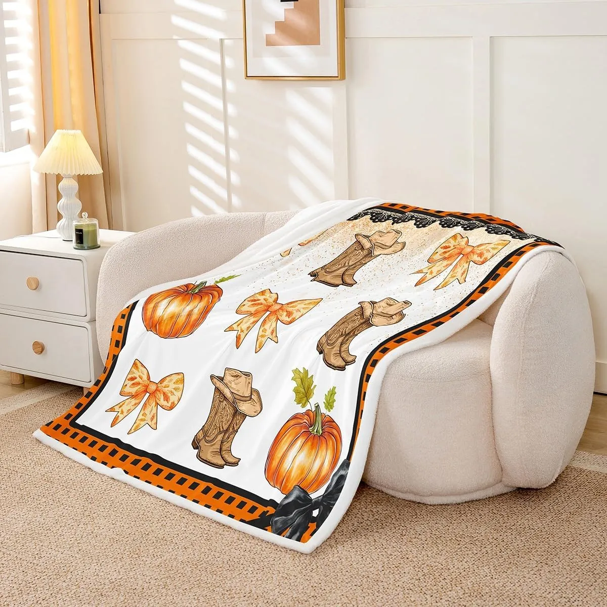 Erosebridal Western Cowgirl Throw Blanket Baby 30"X40",Cowboy Boots Hat Fleece Blanket Orange Plaid Bowknots Sherpa Blanket for Kids Boys Girls Bed Couch,Pumpkin Fall Harvest Fuzzy Blanket
