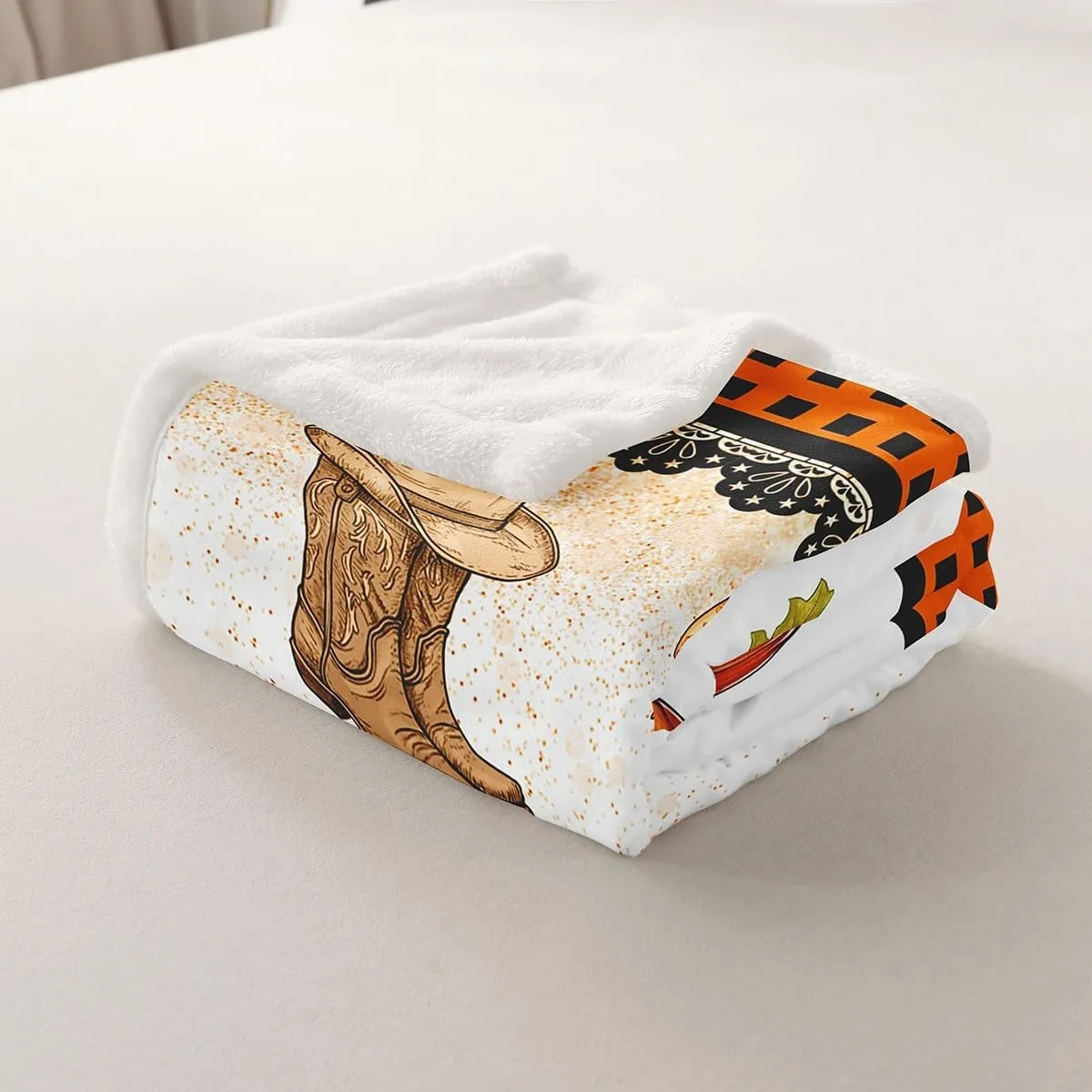 Erosebridal Western Cowgirl Throw Blanket Baby 30"X40",Cowboy Boots Hat Fleece Blanket Orange Plaid Bowknots Sherpa Blanket for Kids Boys Girls Bed Couch,Pumpkin Fall Harvest Fuzzy Blanket
