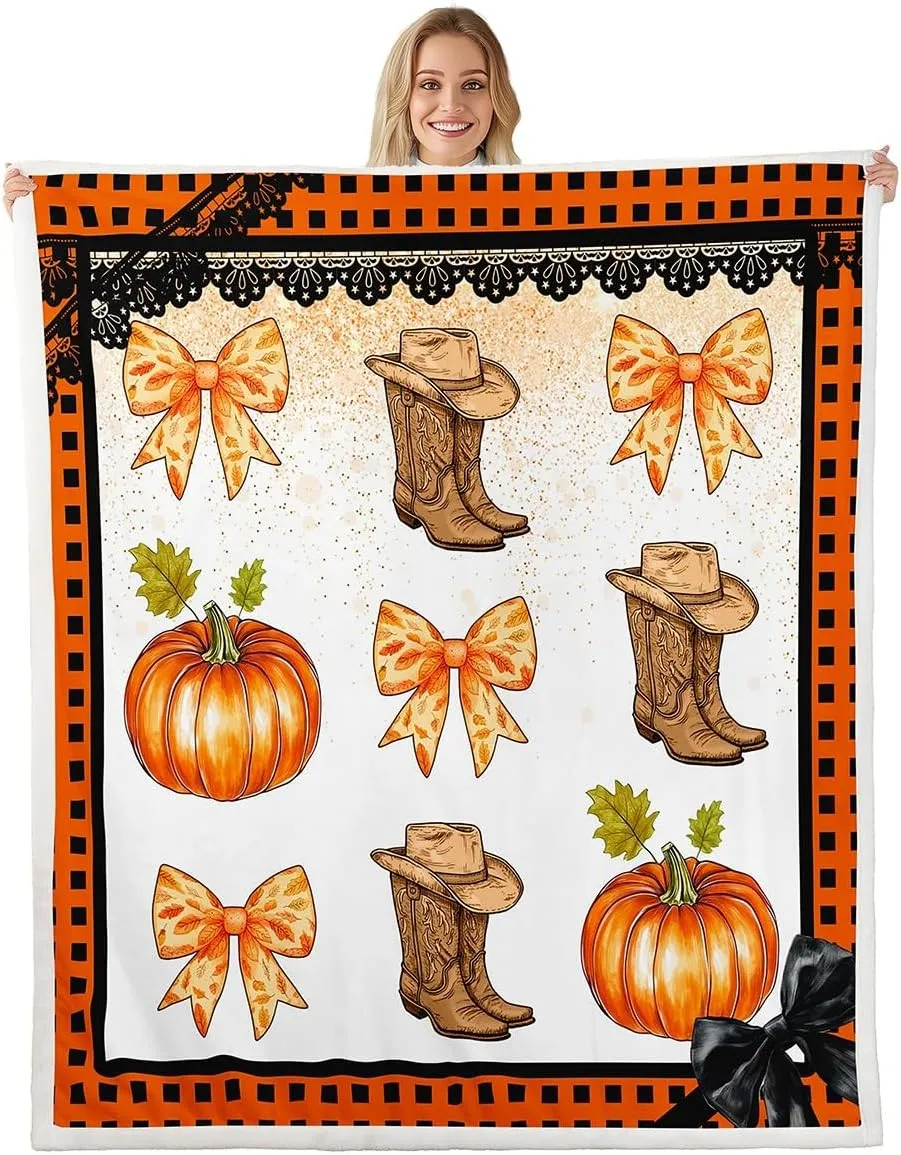 Erosebridal Western Cowgirl Throw Blanket Baby 30"X40",Cowboy Boots Hat Fleece Blanket Orange Plaid Bowknots Sherpa Blanket for Kids Boys Girls Bed Couch,Pumpkin Fall Harvest Fuzzy Blanket
