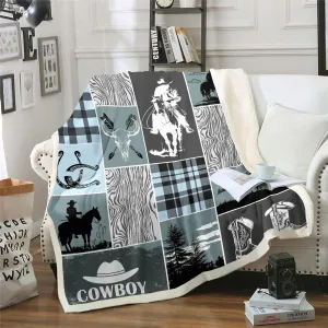 Erosebridal Western Decor Throw Blanket Queen Size, Southwest Horse Sherpa Blanket for Kids Boys Teens Adult Bedroom Decor, Riding Boots Cow Skull Fleece Blanket Geometric Grid Plaid Fuzzy Blanket