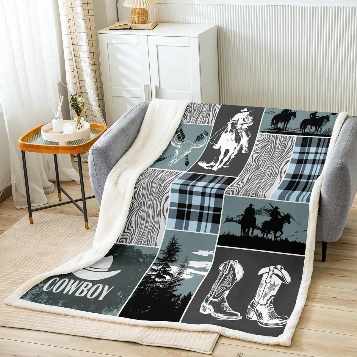 Erosebridal Western Decor Throw Blanket Queen Size, Southwest Horse Sherpa Blanket for Kids Boys Teens Adult Bedroom Decor, Riding Boots Cow Skull Fleece Blanket Geometric Grid Plaid Fuzzy Blanket