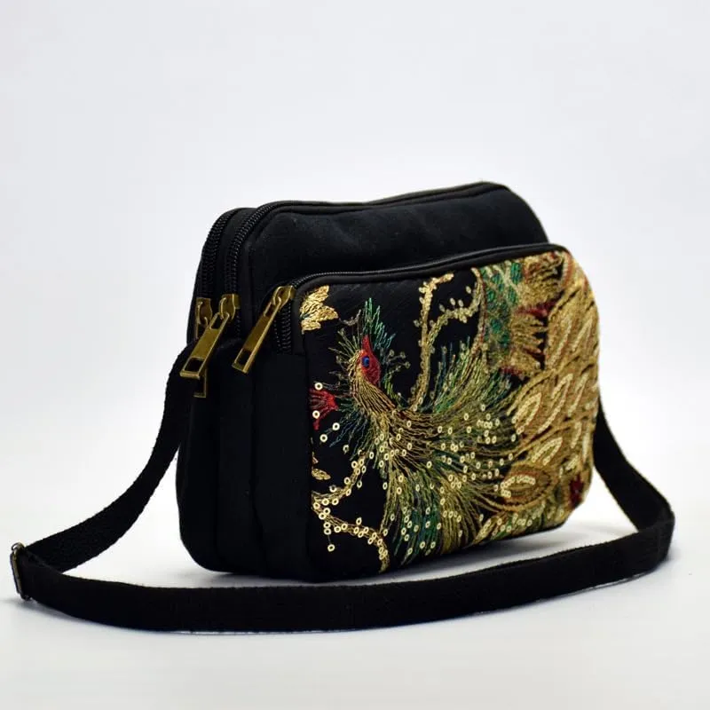 Ethnic Peacock Embroidered Canvas Shoulder Bag - Women's Crossbody Coin Purse