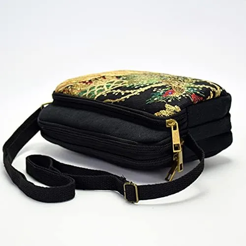 Ethnic Peacock Embroidered Canvas Shoulder Bag - Women's Crossbody Coin Purse