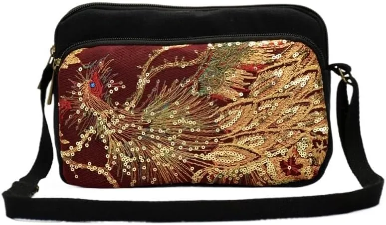 Ethnic Peacock Embroidered Canvas Shoulder Bag - Women's Crossbody Coin Purse
