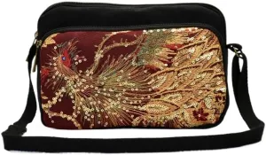 Ethnic Peacock Embroidered Canvas Shoulder Bag - Women's Crossbody Coin Purse