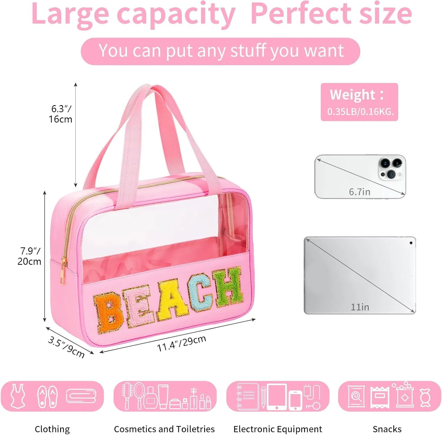 eurovicky Chenille Letter Patch Clear Makeup Bag, Preppy Nylon Makeup Bag with Handle and Zipper, Waterproof Large Clear Travel Toiletry Bag Storage Bag for Women (Sweet Pink-BEACH)