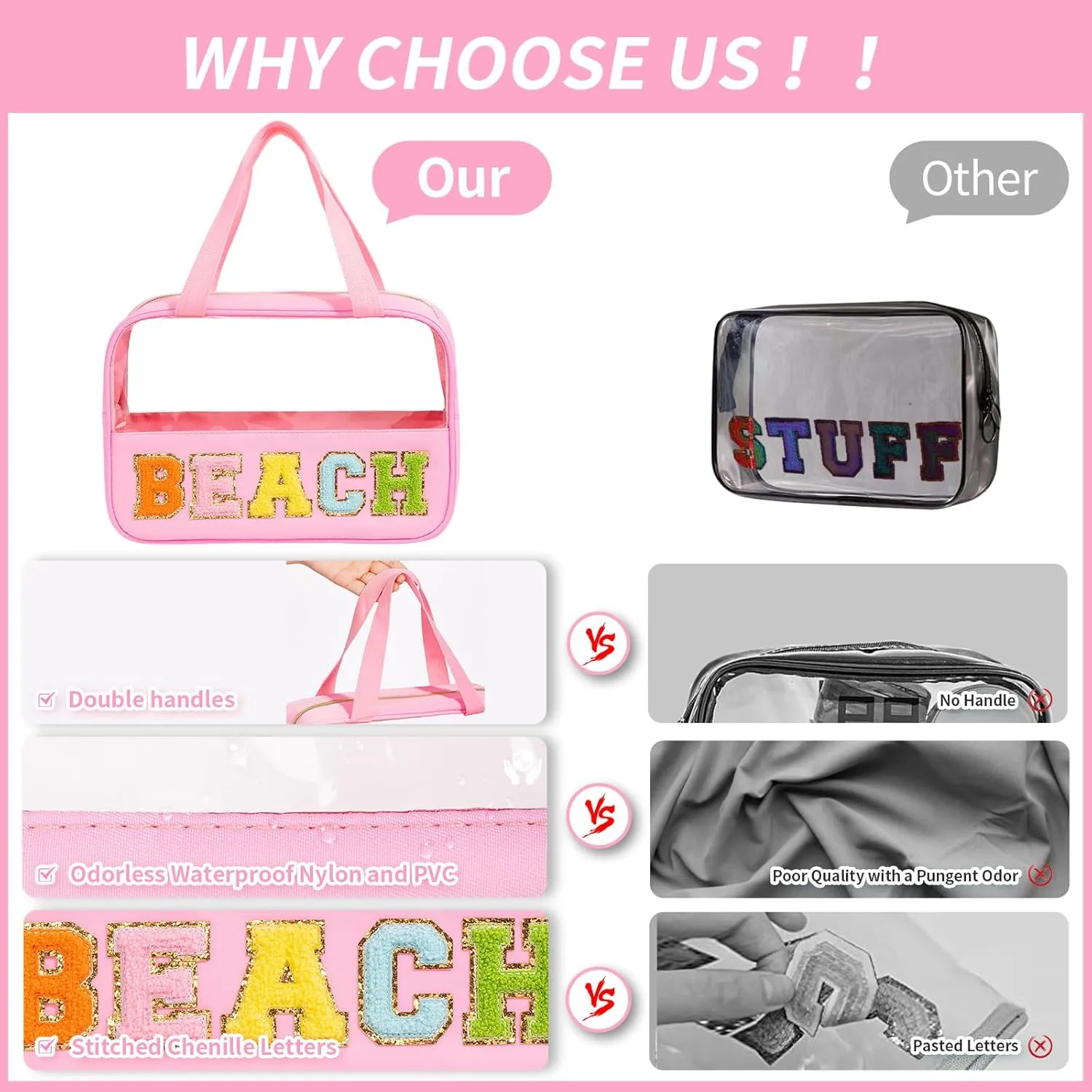 eurovicky Chenille Letter Patch Clear Makeup Bag, Preppy Nylon Makeup Bag with Handle and Zipper, Waterproof Large Clear Travel Toiletry Bag Storage Bag for Women (Sweet Pink-BEACH)