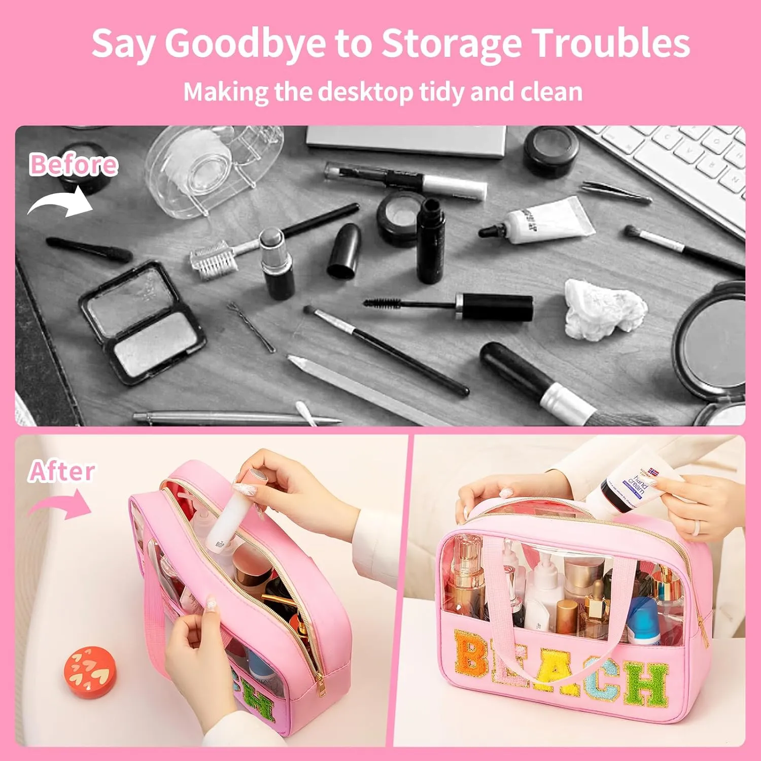 eurovicky Chenille Letter Patch Clear Makeup Bag, Preppy Nylon Makeup Bag with Handle and Zipper, Waterproof Large Clear Travel Toiletry Bag Storage Bag for Women (Sweet Pink-BEACH)