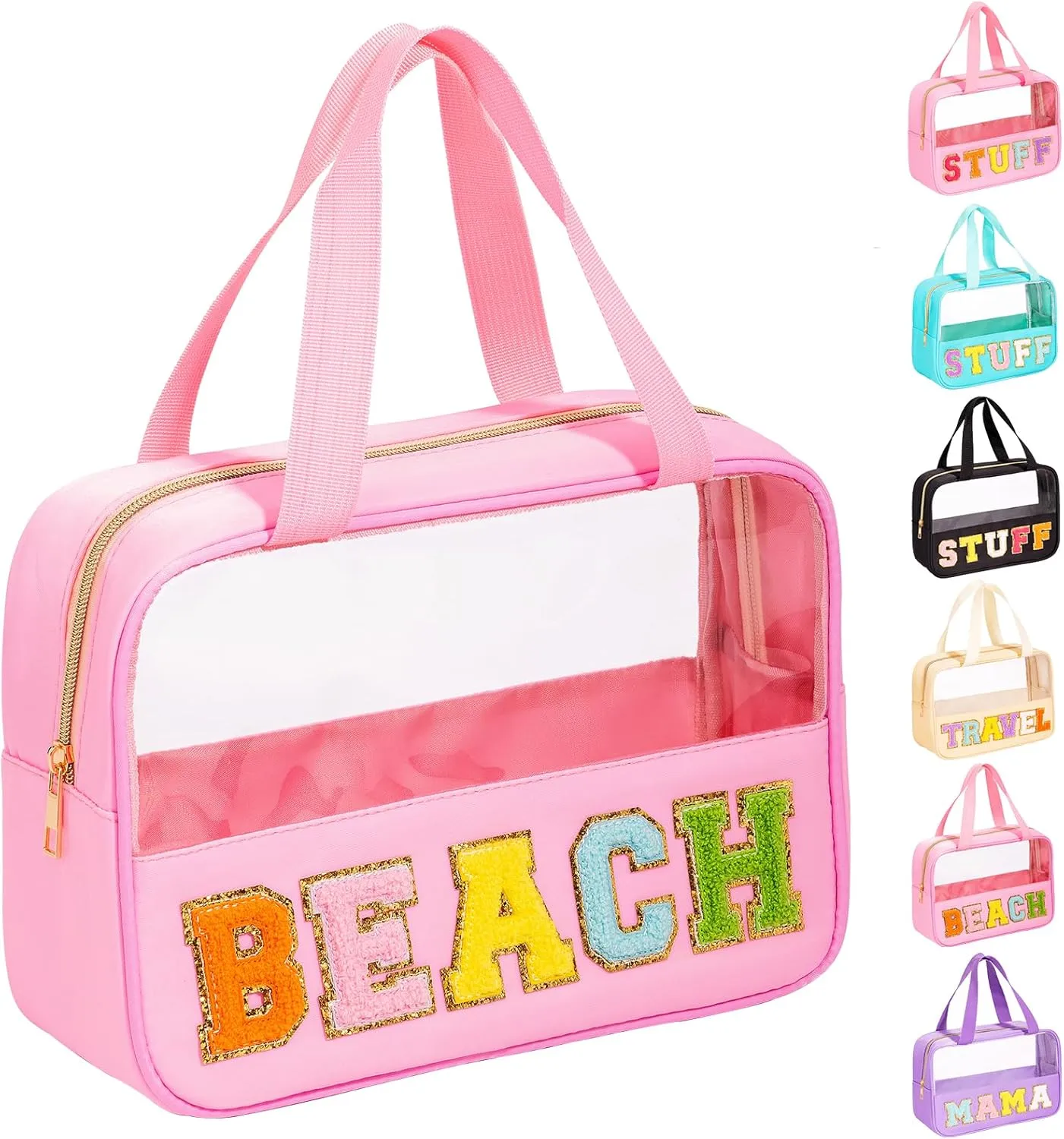 eurovicky Chenille Letter Patch Clear Makeup Bag, Preppy Nylon Makeup Bag with Handle and Zipper, Waterproof Large Clear Travel Toiletry Bag Storage Bag for Women (Sweet Pink-BEACH)