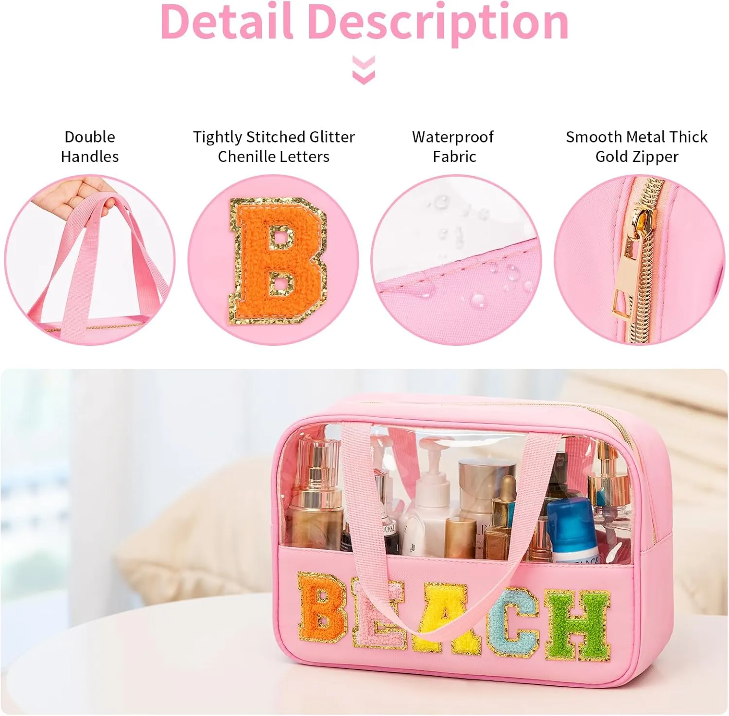 eurovicky Chenille Letter Patch Clear Makeup Bag, Preppy Nylon Makeup Bag with Handle and Zipper, Waterproof Large Clear Travel Toiletry Bag Storage Bag for Women (Sweet Pink-BEACH)