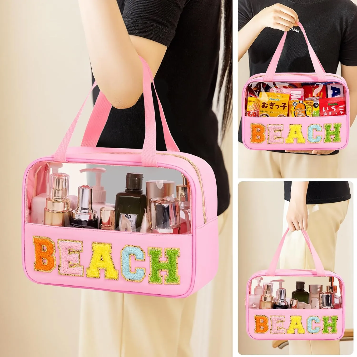 eurovicky Chenille Letter Patch Clear Makeup Bag, Preppy Nylon Makeup Bag with Handle and Zipper, Waterproof Large Clear Travel Toiletry Bag Storage Bag for Women (Sweet Pink-BEACH)
