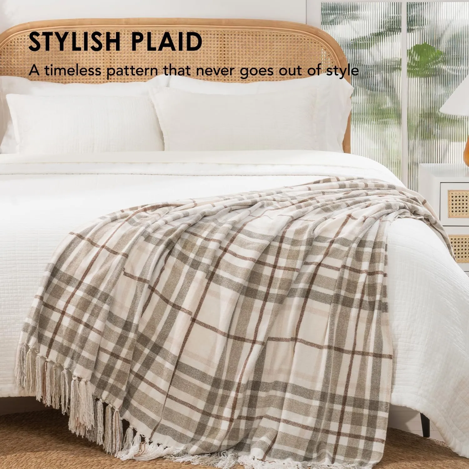 EVERGRACE Plaid Chenille Throw Blanket for Couch, Super Soft Cozy Decorative Farmhouse Plaid Throw with Tassels, Lightweight Chenille Knit Throw for Bed Sofa Gift Home Decor, Beige 50”x60”