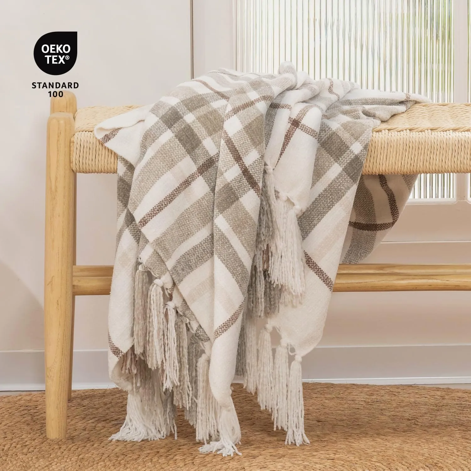 EVERGRACE Plaid Chenille Throw Blanket for Couch, Super Soft Cozy Decorative Farmhouse Plaid Throw with Tassels, Lightweight Chenille Knit Throw for Bed Sofa Gift Home Decor, Beige 50”x60”