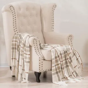 EVERGRACE Plaid Chenille Throw Blanket for Couch, Super Soft Cozy Decorative Farmhouse Plaid Throw with Tassels, Lightweight Chenille Knit Throw for Bed Sofa Gift Home Decor, Beige 50”x60”