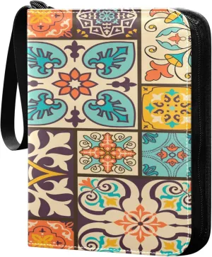 Exnundod 4 Pocket Trading Card Binder Colorful Patchwork Tile PU Leather Card Collection Binder Ottoman Motifs 400 Cards Organizer Binder Collectible Trading Card Albums for Sports Game Card