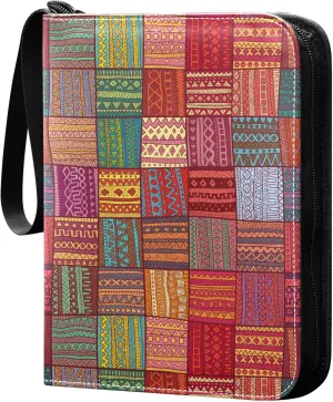 Exnundod Embroidery Patchwork Geometric Trading Card Binder for Cards, Ethnic Folk Colorful Card Album 4-Pockets for 400 Cards with Removable Sleeves PU Baseball Card Holder Football Sports Card Coll