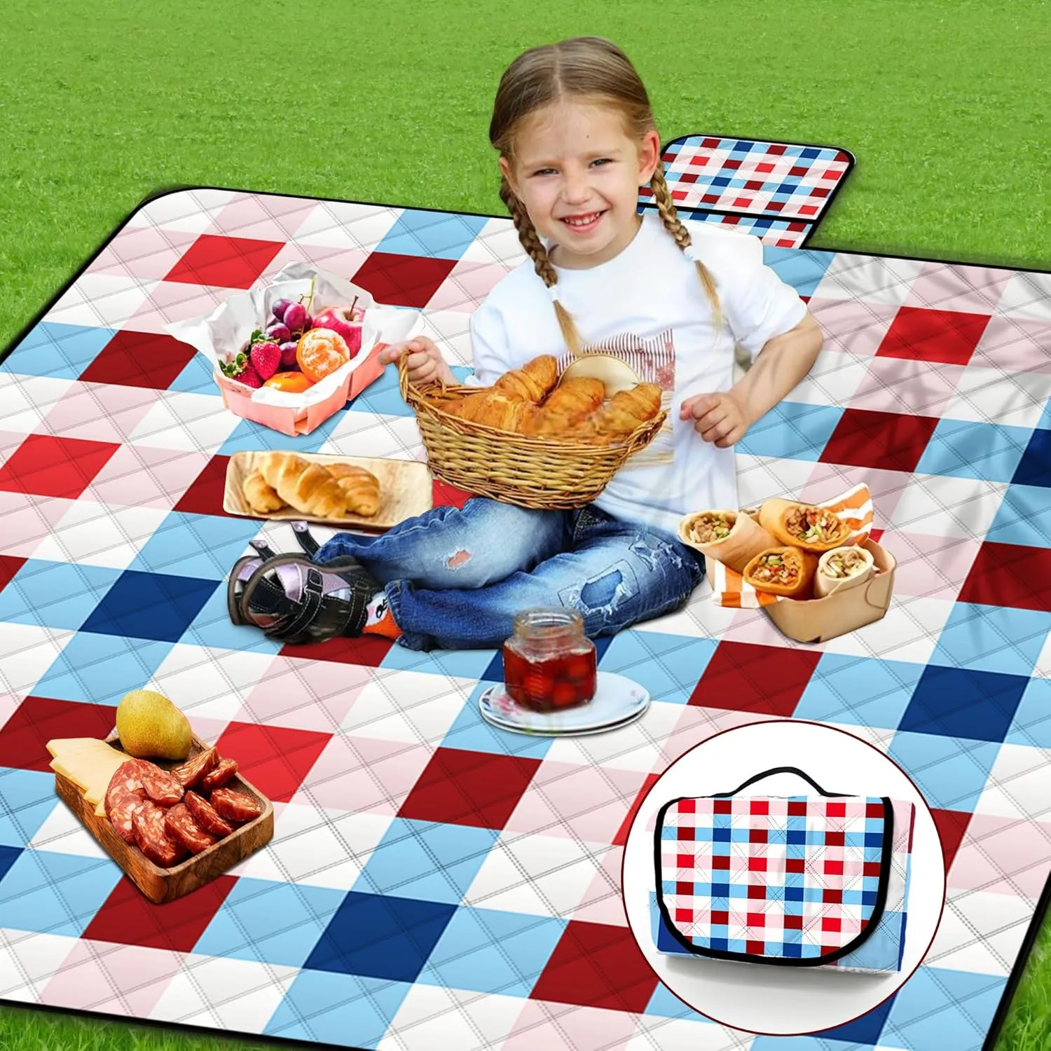 Extra Large Patriotic Picnic Blanket Waterproof,60"x 80"Foldable Machine Washable Beach Blanket,Outdoor Blanket for 6-8 Adults,Suitable for Crawling,Park Beach,Camping,Hiking,Family