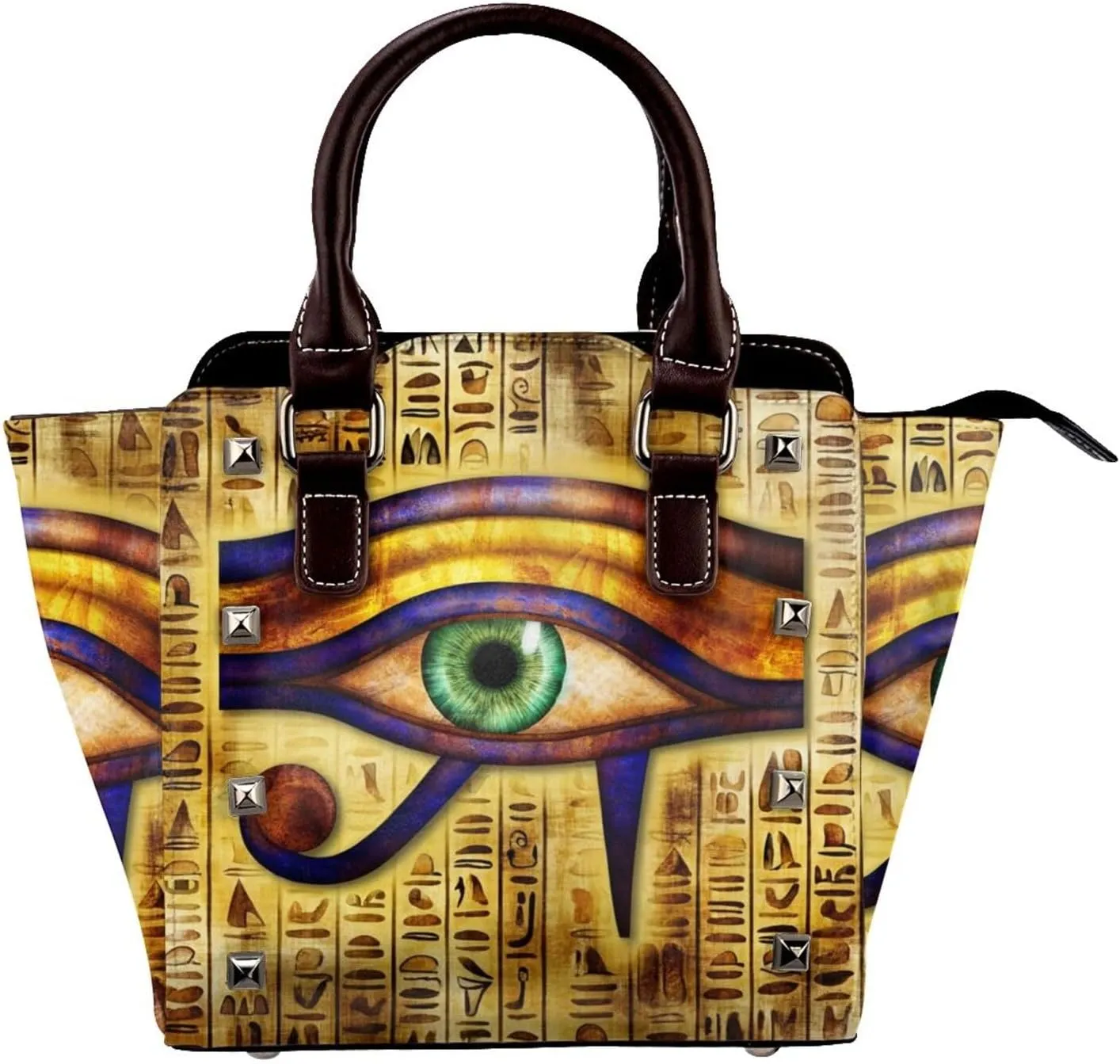 Eye-Of-Horus-Hieroglyphs Pu Leather Crossbody Studded Bag, Fashionable Shoulder Handbag With Detachable Shoulder Strap