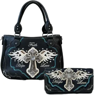 Faith Love Hope Purse and Wallet Set - Angel Wings Cross Bag for Women