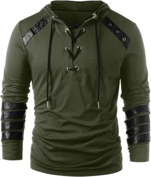 Fall Leather Patchwork Hoodie for Men Hippie Style Hooded Top Caribbean Solid Shirt