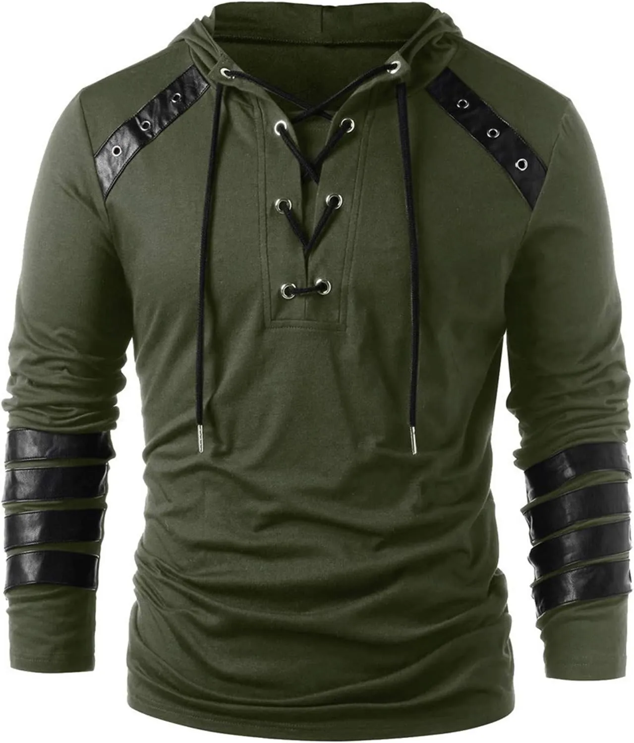 Fall Leather Patchwork Hoodie for Men Hippie Style Hooded Top Caribbean Solid Shirt