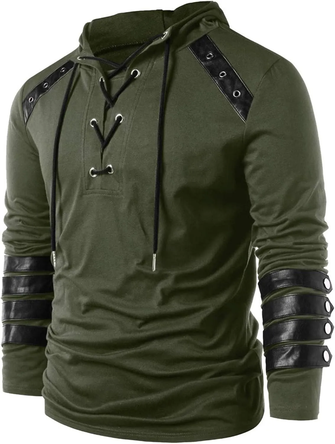 Fall Leather Patchwork Hoodie for Men Hippie Style Hooded Top Caribbean Solid Shirt