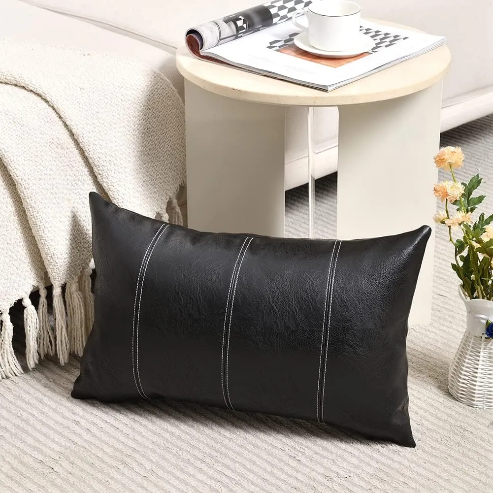 Fancy Homi 2 Packs Black Lumbar Faux Leather Decorative Throw Pillow Covers 12x20 Inch for Living Room Couch Bed Sofa, Boho Farmhouse Home Decor, Hand Stitched Rectangle Cushion Case 30x50 cm