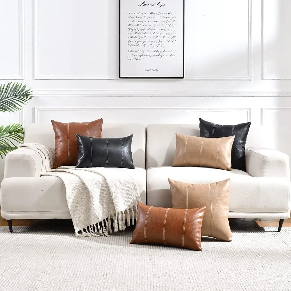 Fancy Homi 2 Packs Black Lumbar Faux Leather Decorative Throw Pillow Covers 12x20 Inch for Living Room Couch Bed Sofa, Boho Farmhouse Home Decor, Hand Stitched Rectangle Cushion Case 30x50 cm