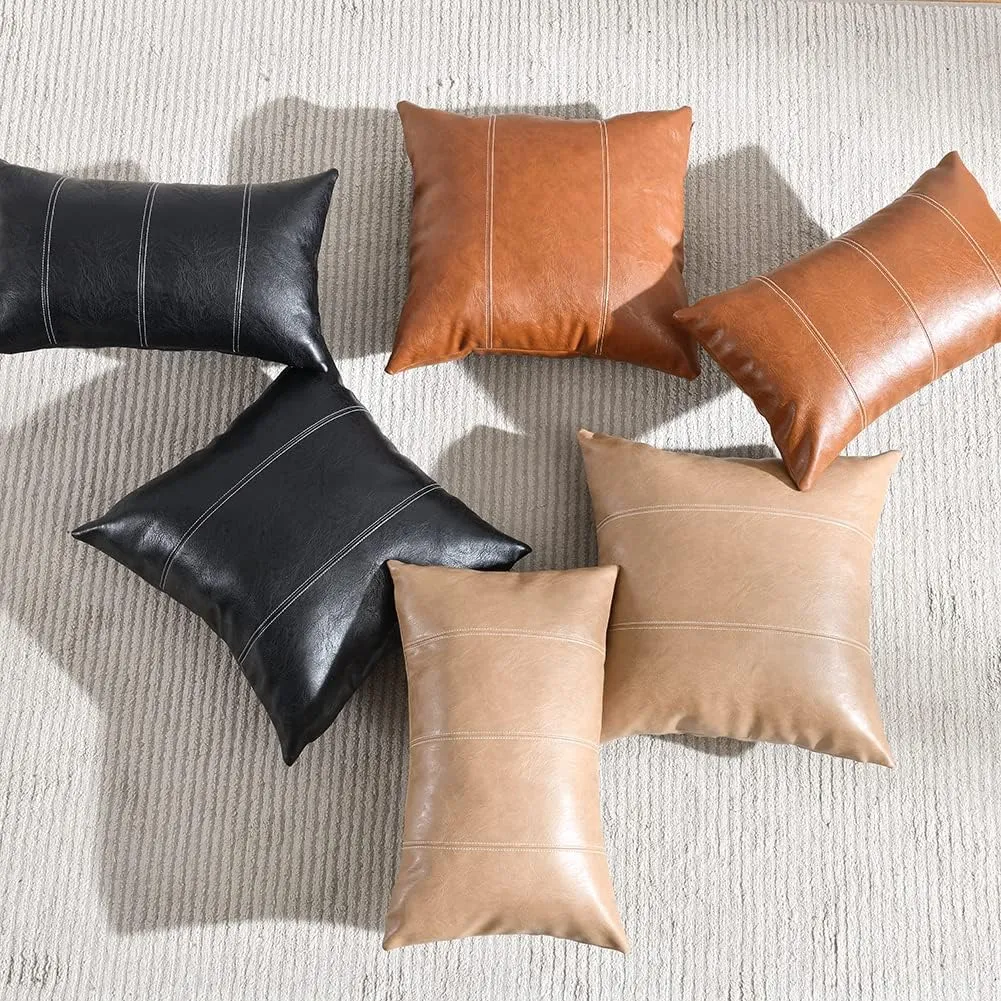 Fancy Homi 2 Packs Black Lumbar Faux Leather Decorative Throw Pillow Covers 12x20 Inch for Living Room Couch Bed Sofa, Boho Farmhouse Home Decor, Hand Stitched Rectangle Cushion Case 30x50 cm