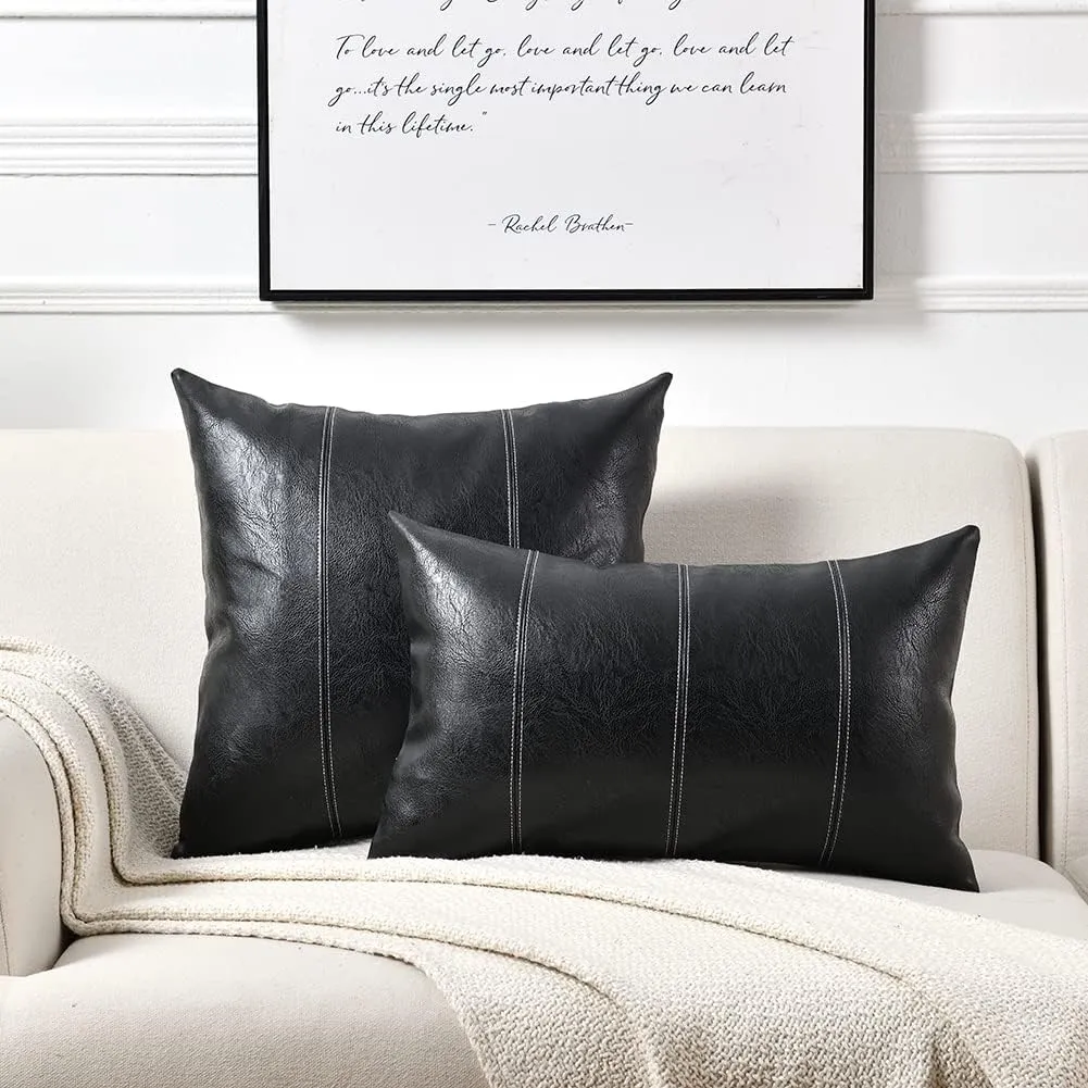 Fancy Homi 2 Packs Black Lumbar Faux Leather Decorative Throw Pillow Covers 12x20 Inch for Living Room Couch Bed Sofa, Boho Farmhouse Home Decor, Hand Stitched Rectangle Cushion Case 30x50 cm