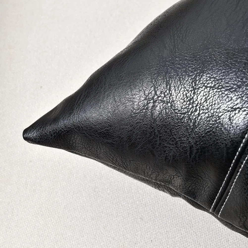 Fancy Homi 2 Packs Black Lumbar Faux Leather Decorative Throw Pillow Covers 12x20 Inch for Living Room Couch Bed Sofa, Boho Farmhouse Home Decor, Hand Stitched Rectangle Cushion Case 30x50 cm