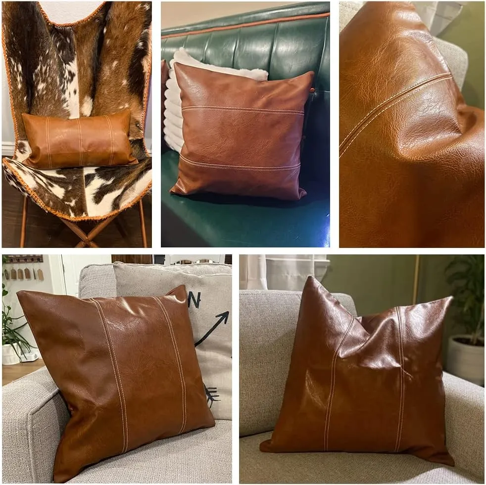 Fancy Homi 2 Packs Brown Boho Lumbar Faux Leather Decorative Throw Pillow Covers 12x20 Inch for Living Room Couch Bed Sofa, Hand Stitched Rectangle Cushion Case, Rustic Modern Farmhouse Home Decor