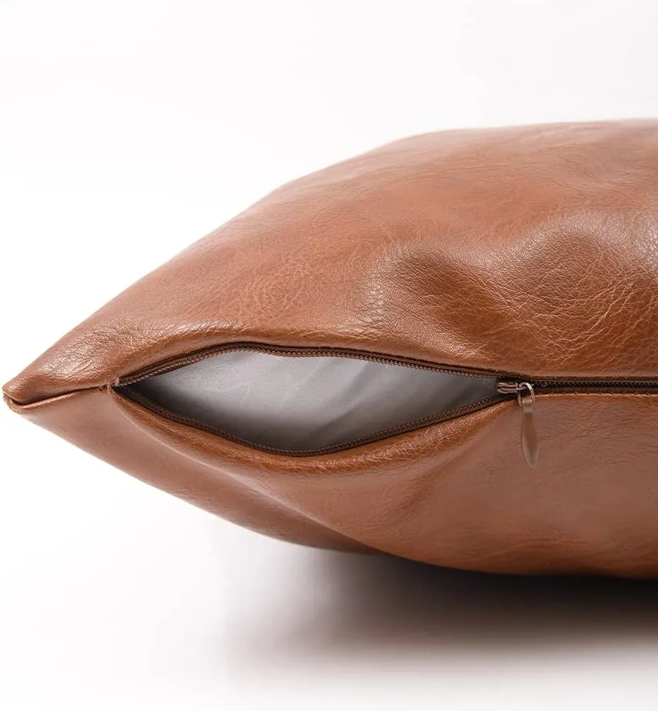 Fancy Homi 2 Packs Brown Boho Lumbar Faux Leather Decorative Throw Pillow Covers 12x20 Inch for Living Room Couch Bed Sofa, Hand Stitched Rectangle Cushion Case, Rustic Modern Farmhouse Home Decor