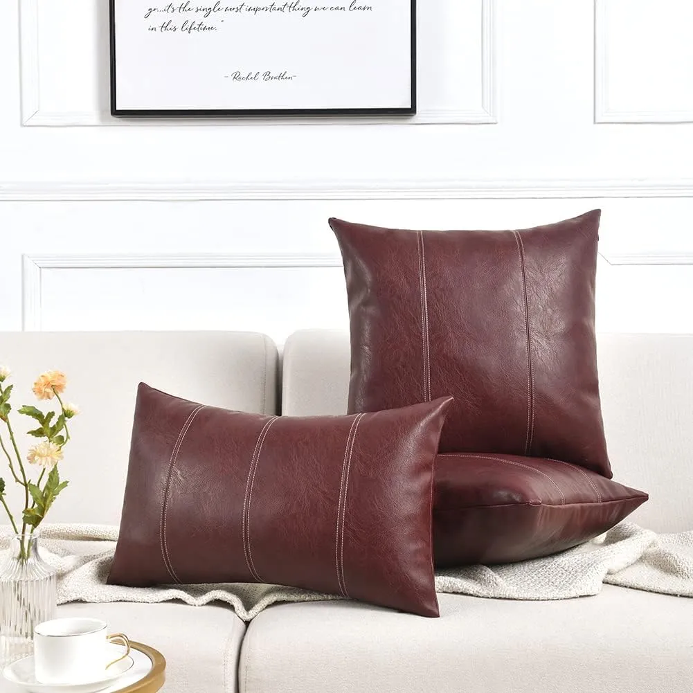 Fancy Homi 2 Packs Burgundy Lumbar Faux Leather Decorative Throw Pillow Covers 12x20 Inch for Outdoor Couch Bed, Modern Farmhouse Boho Home Decor, Wine Red Hand Stitched Cushion Case 30x50 cm