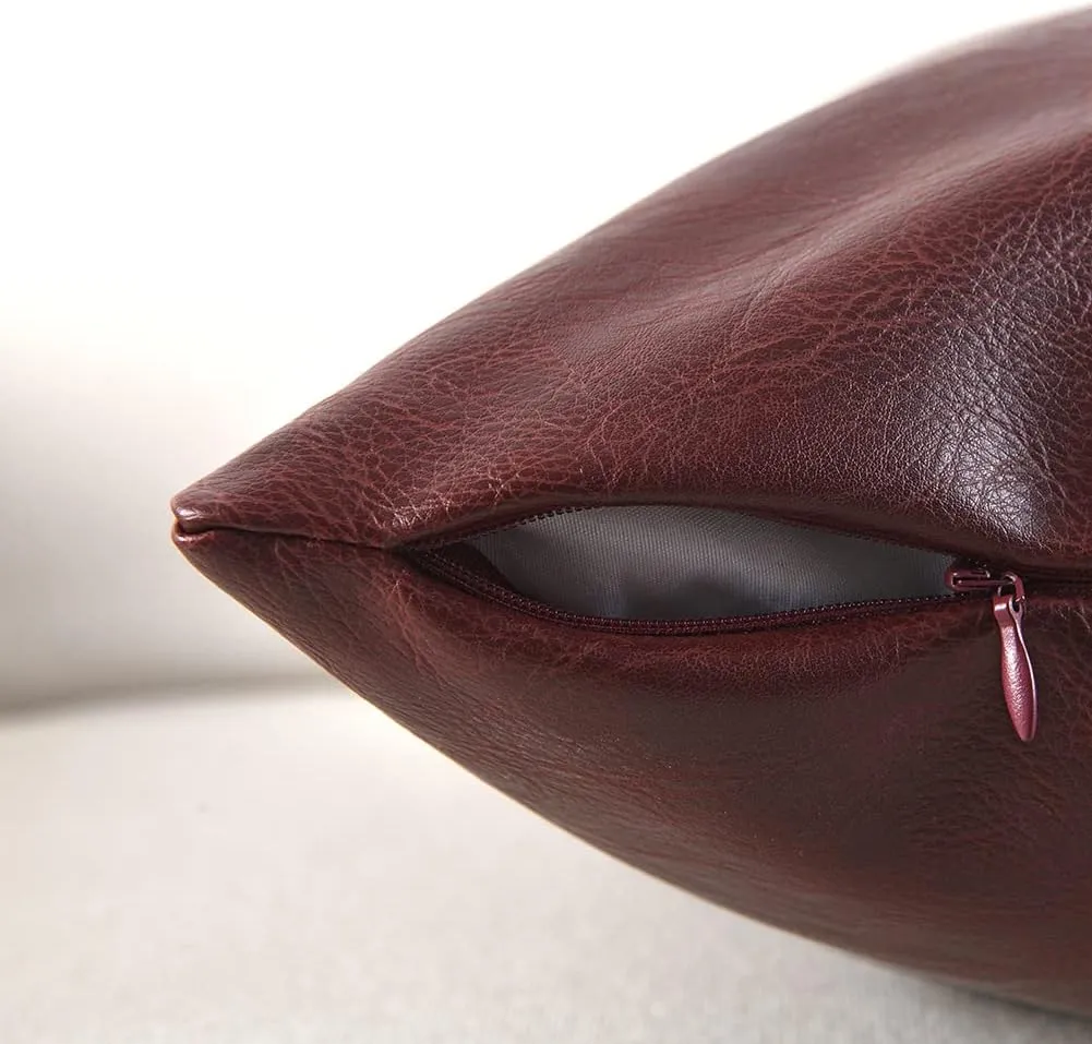 Fancy Homi 2 Packs Burgundy Lumbar Faux Leather Decorative Throw Pillow Covers 12x20 Inch for Outdoor Couch Bed, Modern Farmhouse Boho Home Decor, Wine Red Hand Stitched Cushion Case 30x50 cm