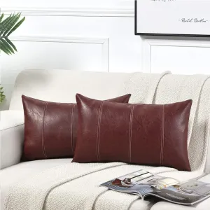 Fancy Homi 2 Packs Burgundy Lumbar Faux Leather Decorative Throw Pillow Covers 12x20 Inch for Outdoor Couch Bed, Modern Farmhouse Boho Home Decor, Wine Red Hand Stitched Cushion Case 30x50 cm