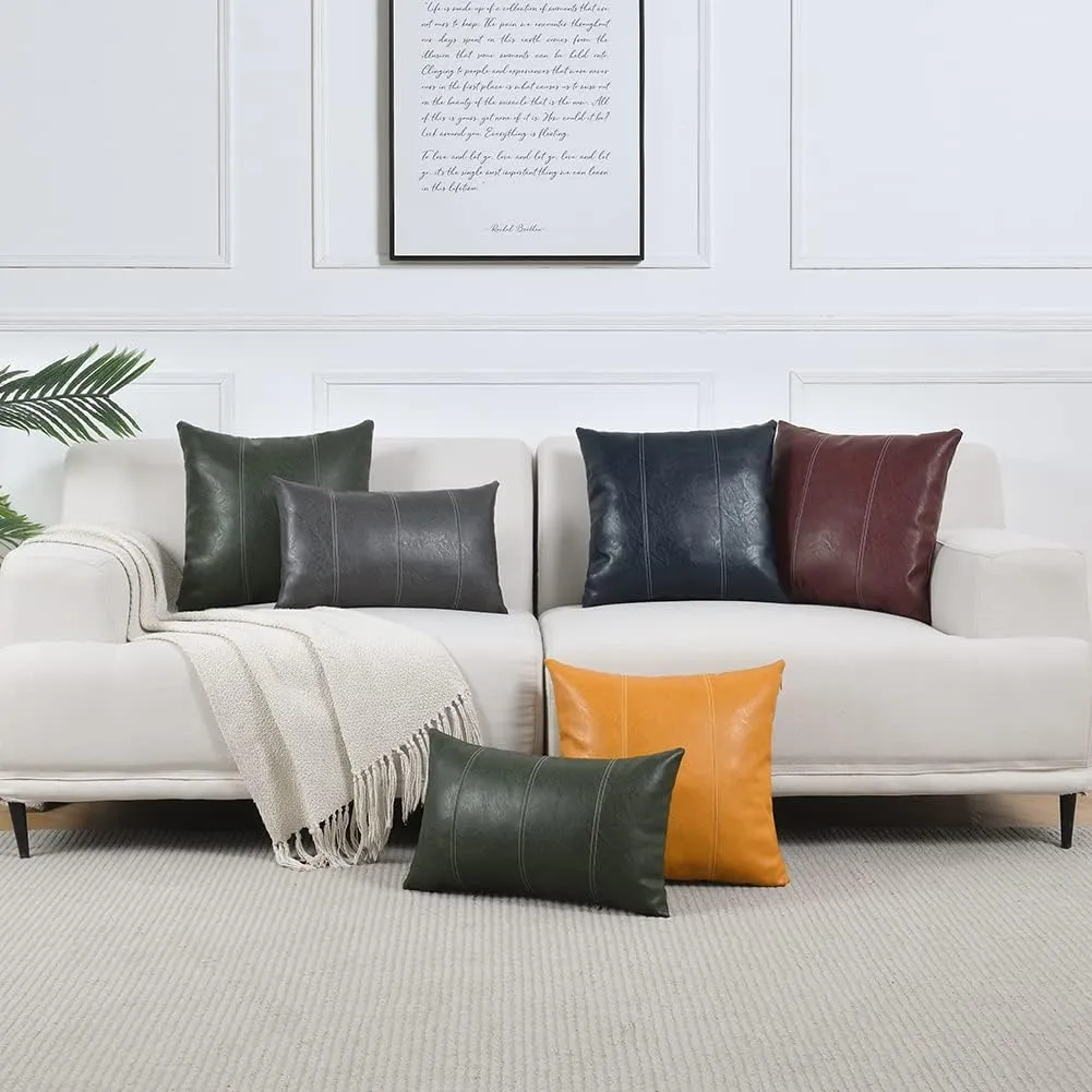Fancy Homi 2 Packs Burgundy Lumbar Faux Leather Decorative Throw Pillow Covers 12x20 Inch for Outdoor Couch Bed, Modern Farmhouse Boho Home Decor, Wine Red Hand Stitched Cushion Case 30x50 cm