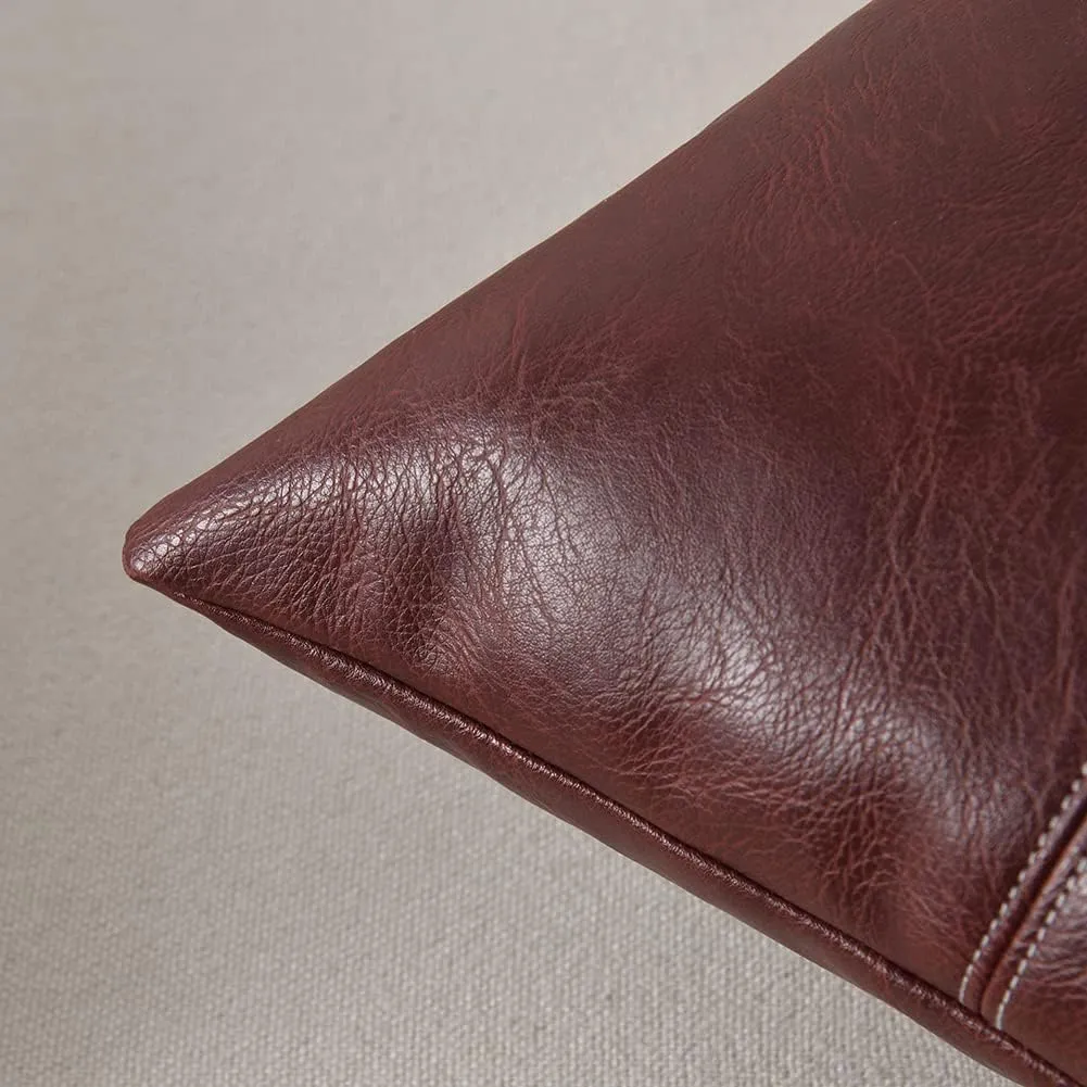 Fancy Homi 2 Packs Burgundy Lumbar Faux Leather Decorative Throw Pillow Covers 12x20 Inch for Outdoor Couch Bed, Modern Farmhouse Boho Home Decor, Wine Red Hand Stitched Cushion Case 30x50 cm