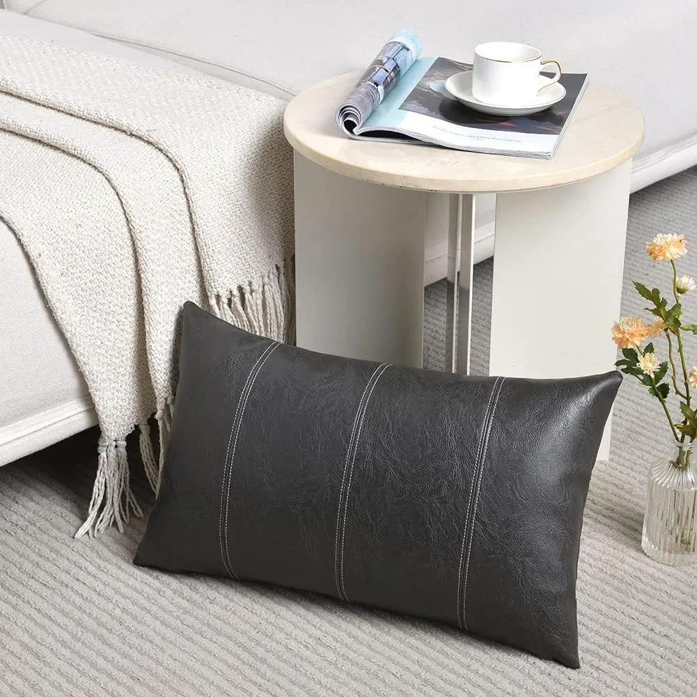 Fancy Homi 2 Packs Dark Gray Lumbar Faux Leather Decorative Throw Pillow Covers 12x20 Inch for Outdoor Couch Bed, Modern Farmhouse Boho Home Decor, Grey Hand Stitched Cushion Case 30x50 CM