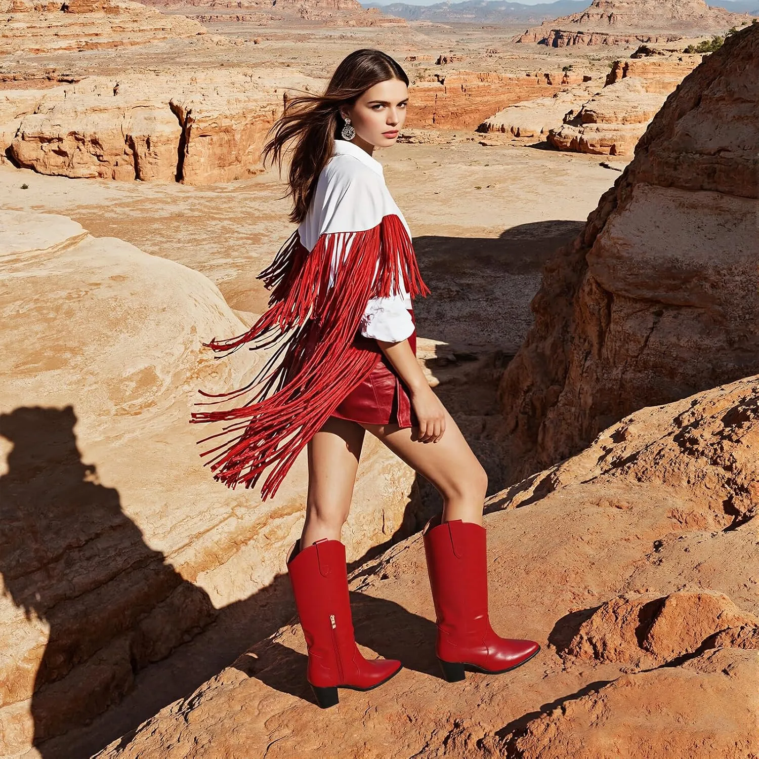 femflame Cowboy Boots for Women Pointed Toe Chunky Heel Knee High Boots Embroidered Western Boots