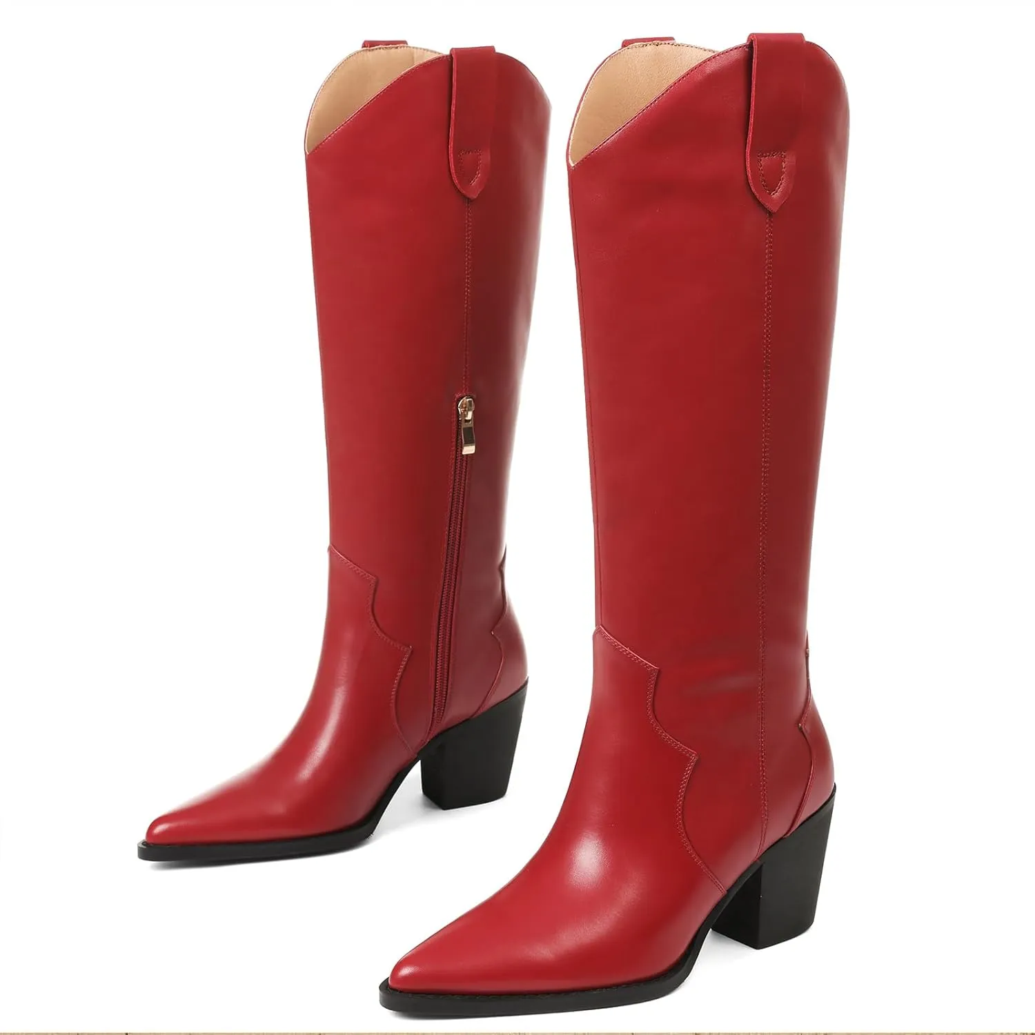 femflame Cowboy Boots for Women Pointed Toe Chunky Heel Knee High Boots Embroidered Western Boots