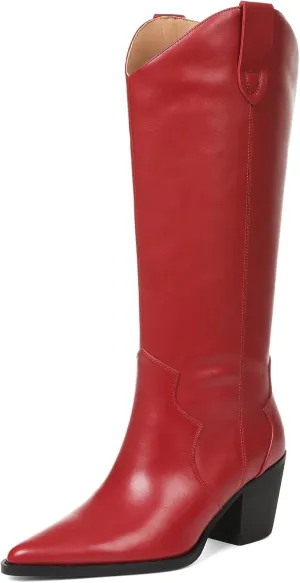 femflame Cowboy Boots for Women Pointed Toe Chunky Heel Knee High Boots Embroidered Western Boots