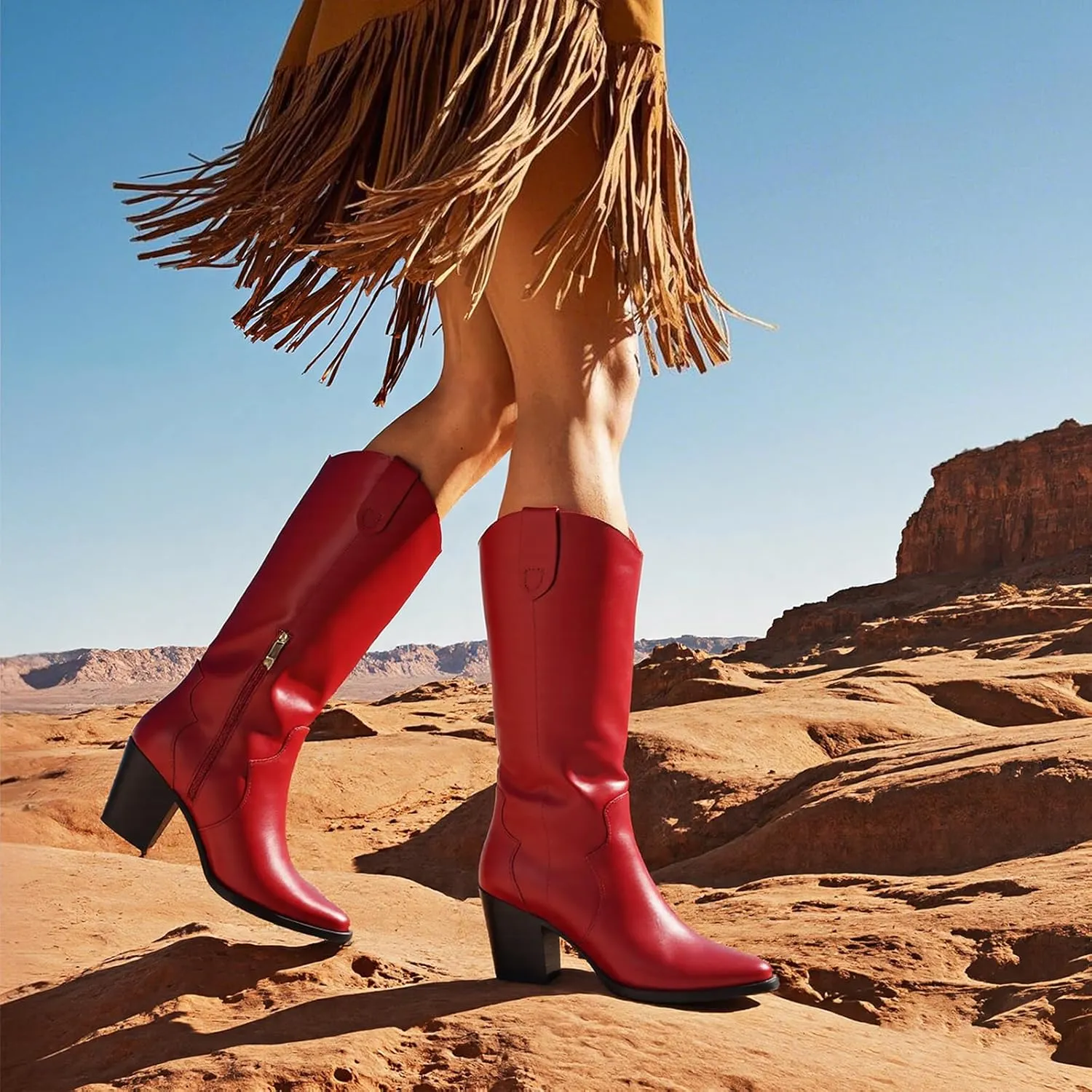 femflame Cowboy Boots for Women Pointed Toe Chunky Heel Knee High Boots Embroidered Western Boots