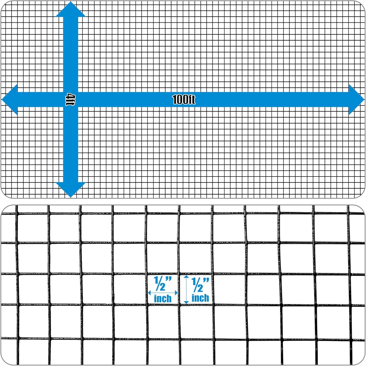 Fencer Wire Vinyl Coated 19 Gauge Welded Fence Wire Roll, Mesh Size 1/2-Inch x 1/2-Inch, Black Garden Fencing Wire Grid Hardware Cloth, Poultry Chicken Fence Rolls (4ft. x 100ft.)