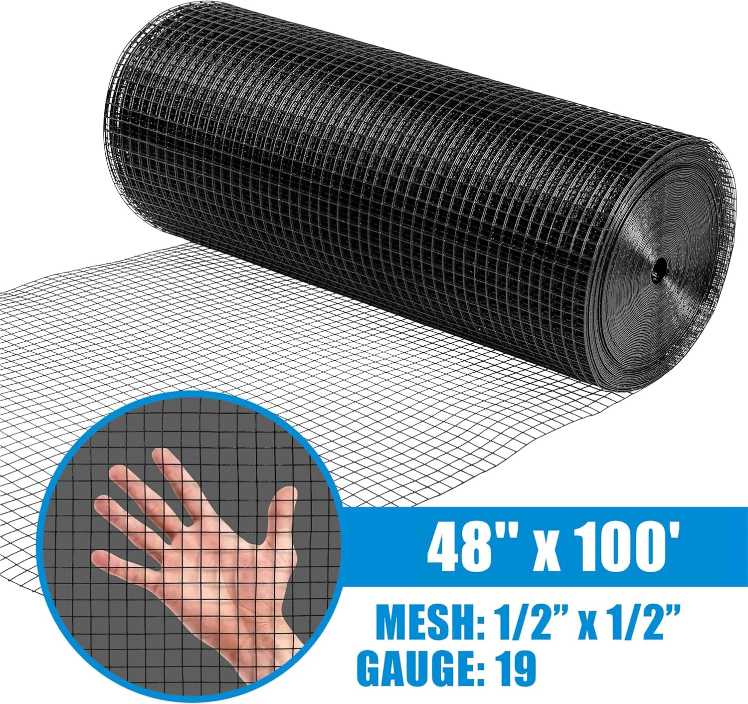 Fencer Wire Vinyl Coated 19 Gauge Welded Fence Wire Roll, Mesh Size 1/2-Inch x 1/2-Inch, Black Garden Fencing Wire Grid Hardware Cloth, Poultry Chicken Fence Rolls (4ft. x 100ft.)