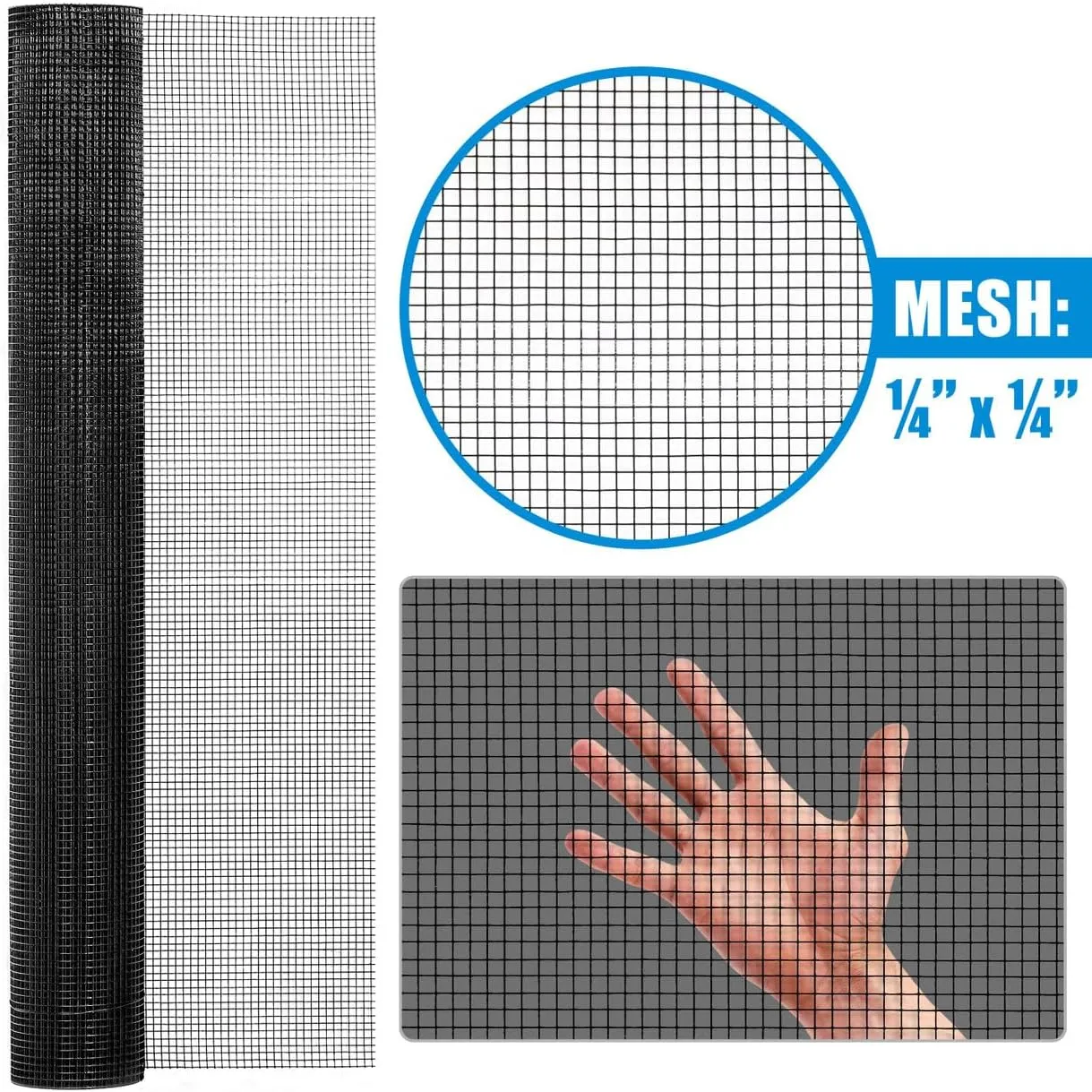 Fencer Wire Vinyl Coated 23 Gauge Welded Fence Wire Roll, Mesh Size 1/4-Inch x 1/4-Inch, Black Garden Fencing Wire Grid Hardware Cloth, Poultry Chicken Fence Rolls, Multiple Use for Home Improvement