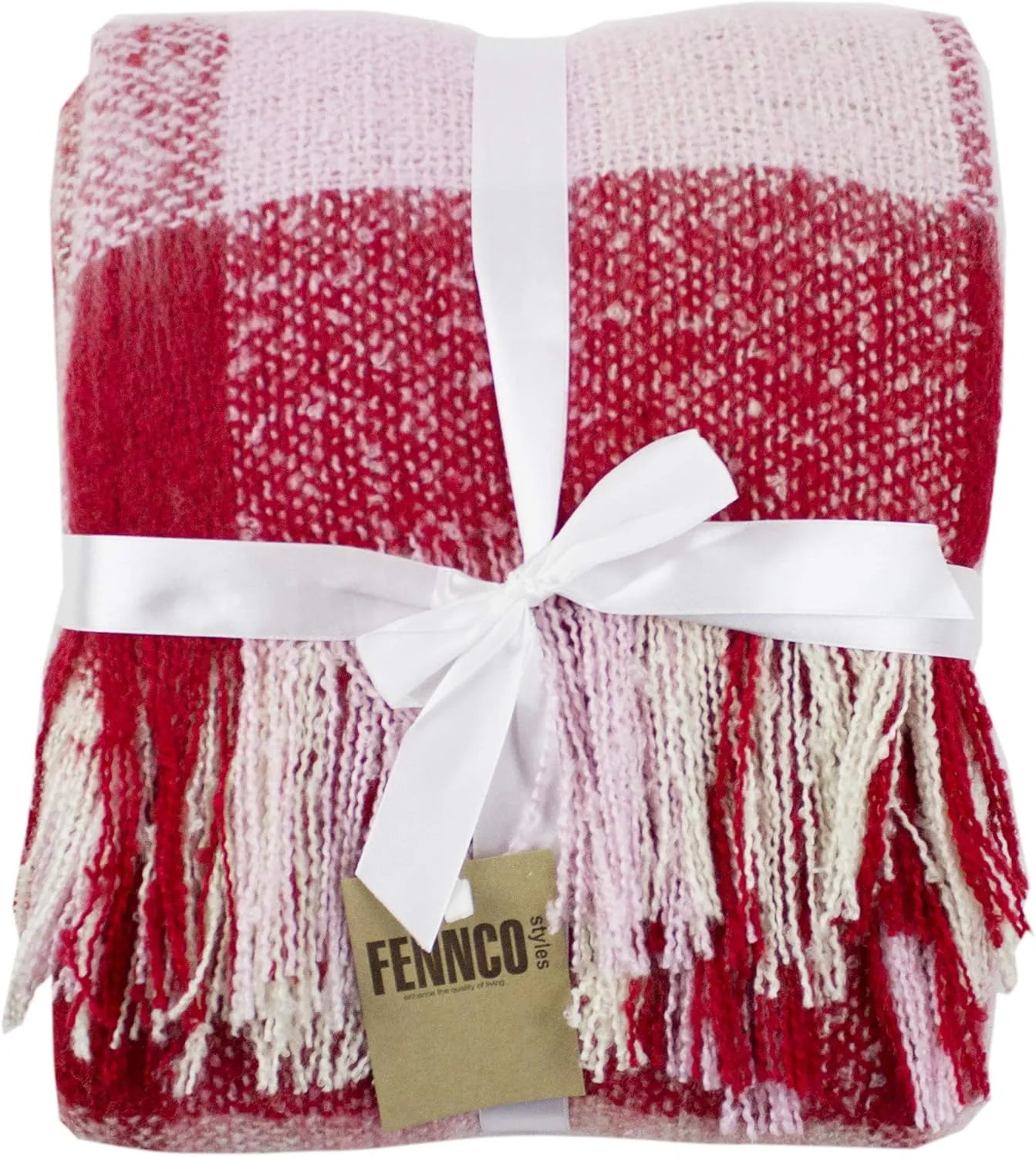 Fennco Styles Cozy Faux Mohair Plaid Fringed Soft Warm Throw Blanket, 50" x 60" (Red)