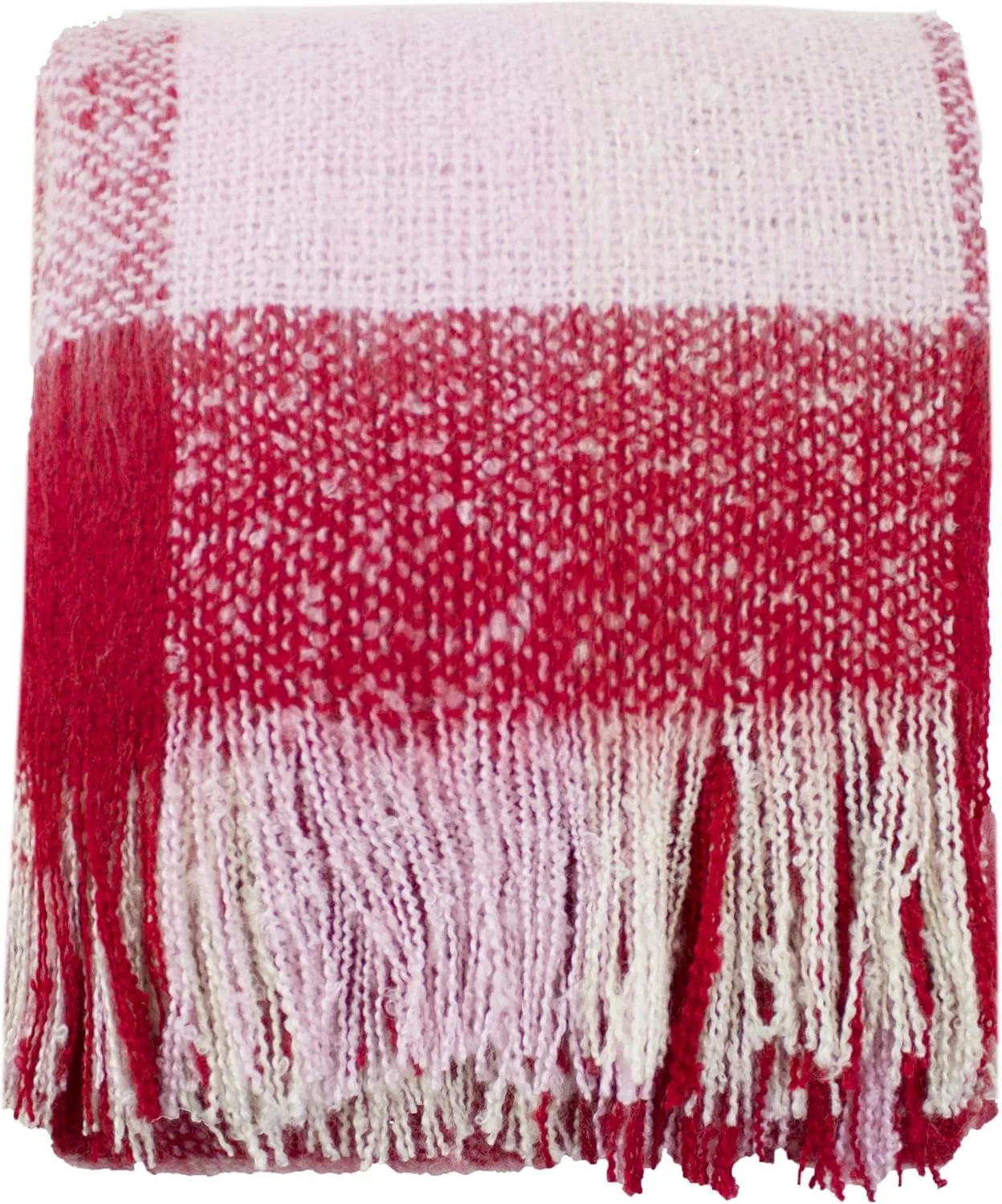 Fennco Styles Cozy Faux Mohair Plaid Fringed Soft Warm Throw Blanket, 50" x 60" (Red)