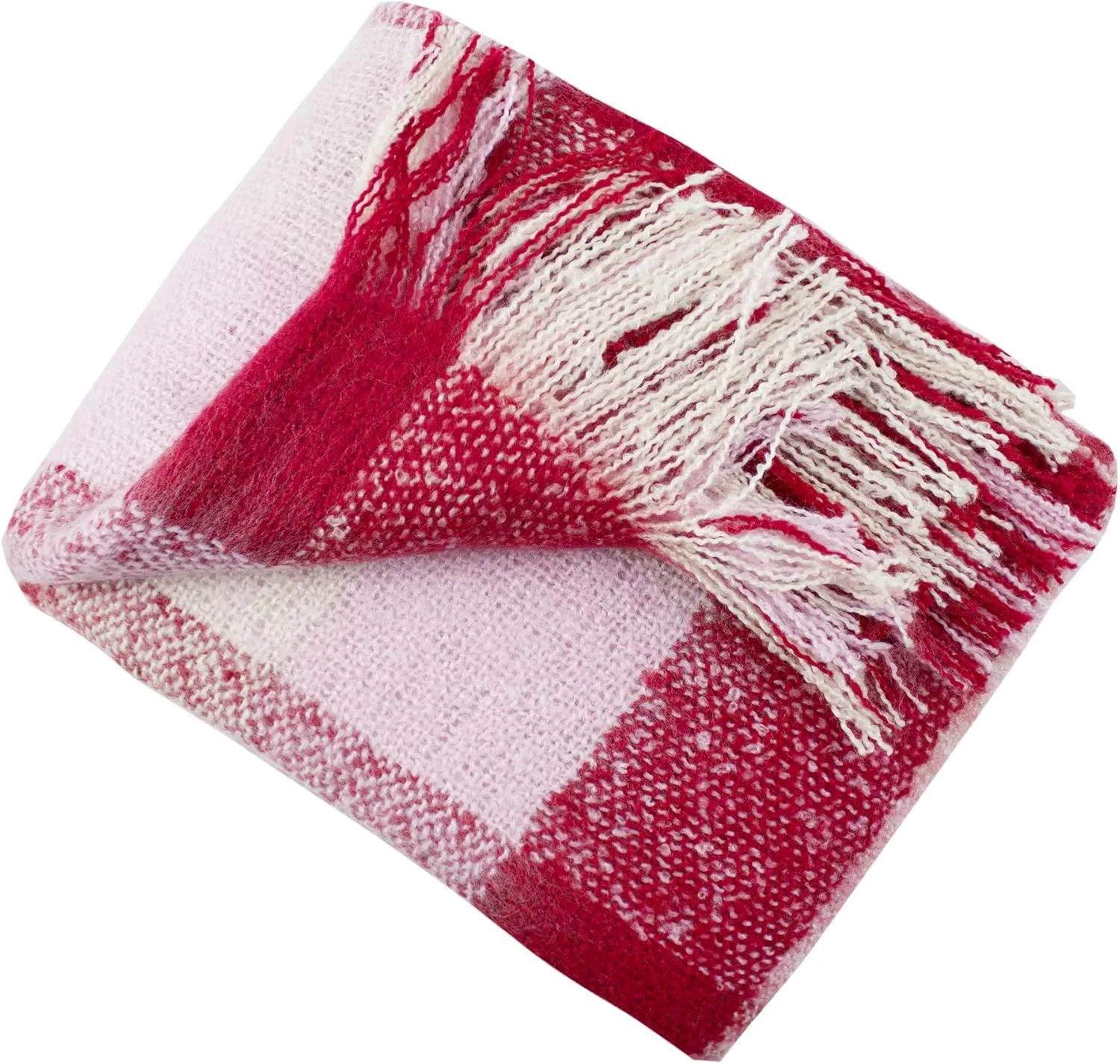 Fennco Styles Cozy Faux Mohair Plaid Fringed Soft Warm Throw Blanket, 50" x 60" (Red)